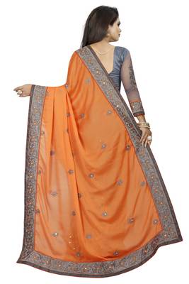 orange embroidered net saree with blouse 3
