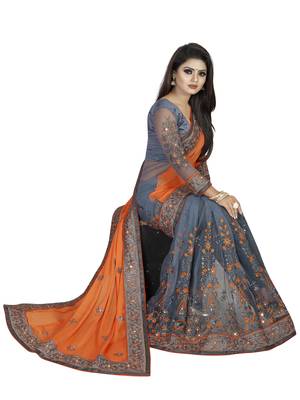 orange embroidered net saree with blouse 4
