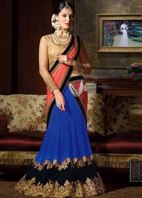 Dark Blue Embroidered Art Silk Unstitched Lehenga 1