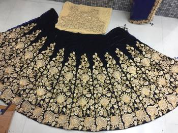 Navy Blue Sequins Embroidered Semi Velvet Lehenga Choli For Wedding 2