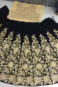 Navy Blue Sequins Embroidered Semi Velvet Lehenga Choli For Wedding