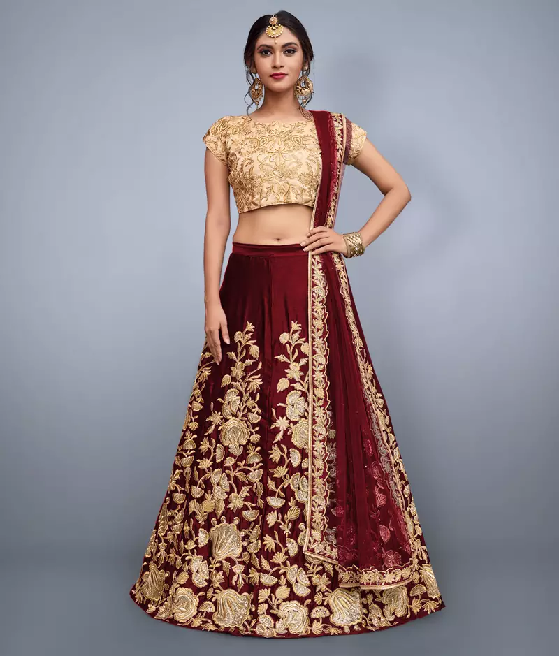 Maroon Sequins Embroidered semi velvet fabric Lehenga choli for bride