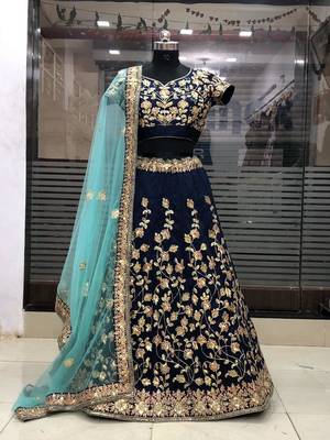 Navy Blue Embroidered Art Silk Unstitched Lehenga 1