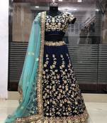 Navy Blue Embroidered Art Silk Unstitched Lehenga