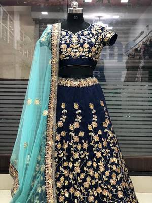 Navy Blue Embroidered Art Silk Unstitched Lehenga 2