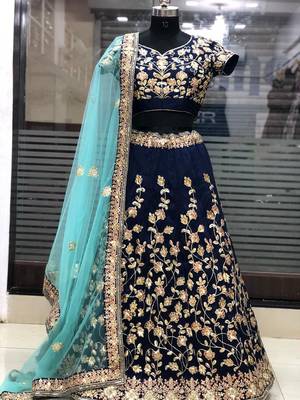 Navy Blue Embroidered Art Silk Unstitched Lehenga 3
