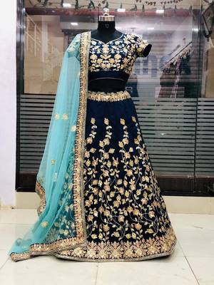Navy Blue Embroidered Art Silk Unstitched Lehenga 4