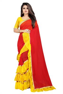 Red plain georgette saree with blouse 1