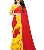 Red plain georgette saree with blouse