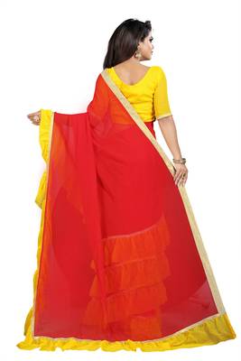 Red plain georgette saree with blouse 2