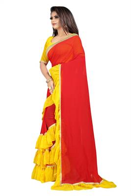 Red plain georgette saree with blouse 3