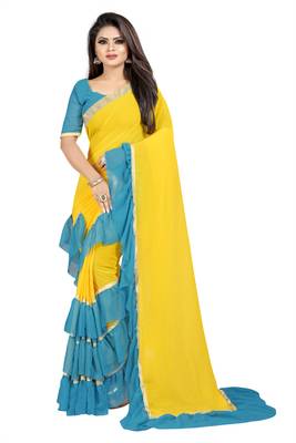 Yellow plain georgette saree with blouse 1