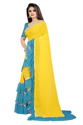 Yellow plain georgette saree with blouse 3