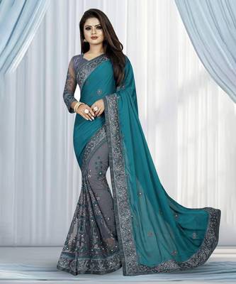 Turquoise Embriodered Art Silk With Saree And Blouse 1