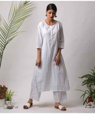 White hand block printed cotton kurtis 1