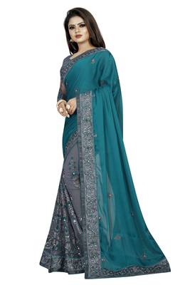 Turquoise Embriodered Art Silk With Saree And Blouse 2