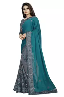 Turquoise Embriodered Art Silk With Saree And Blouse
