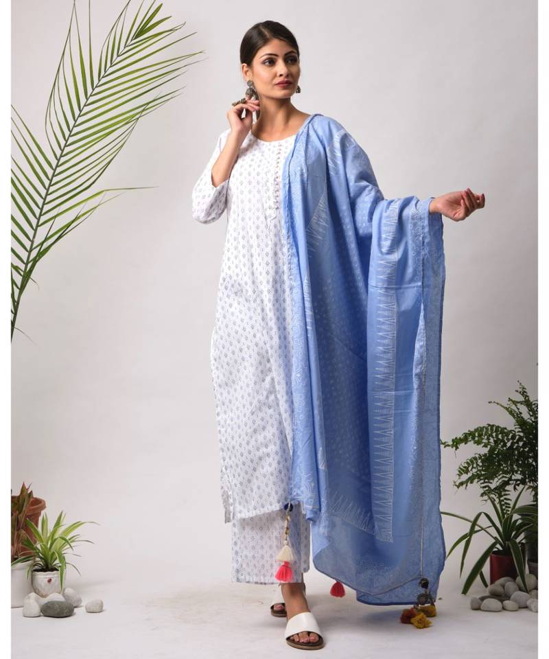 White hand block printed cotton kurtis