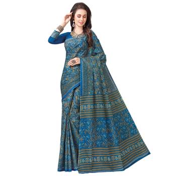 Blue printed cotton saree with blouse 1