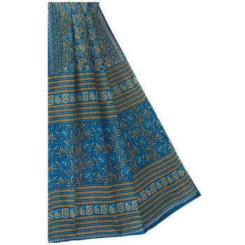 Blue printed cotton saree with blouse 3