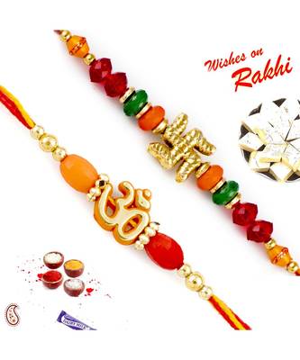 Set Of 2 Colorful Beads & Divine Motif Mauli Thread Rakhi 1
