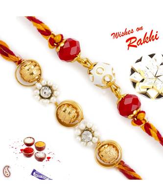 Set Of 2 Golden And Colourful Beads Rakhi With Pearl 1