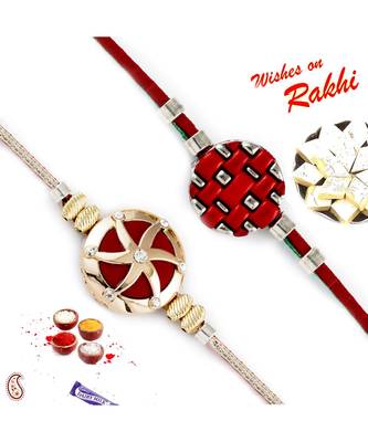 Set Of 2 Gold Star Motif And Checkered Red Rakhi 1
