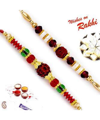 Set Of 2 Red & Green Crystal Beads Studded Rudraksh Rakhi 1