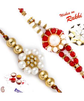 Set Of 2 White Pearl & Red Crystal Beads Thread Rakhi 1