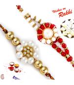 Set Of 2 White Pearl & Red Crystal Beads Thread Rakhi