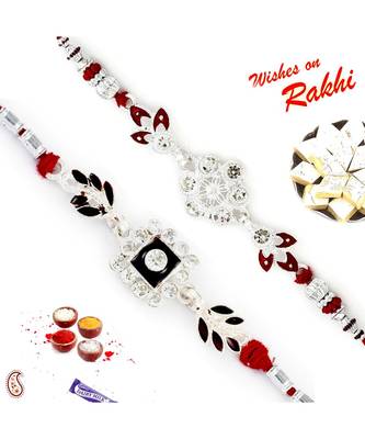 Set Of 2 Ad Studded Floral Design Silver Rakhi 1