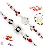 Set Of 2 Ad Studded Floral Design Silver Rakhi