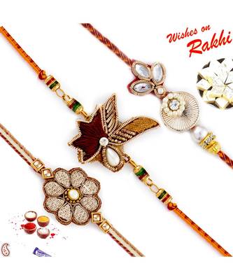 Set Of 3 Pretty Floral Motif Rich Zardosi Rakhi 1
