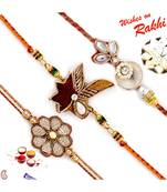 Set Of 3 Pretty Floral Motif Rich Zardosi Rakhi