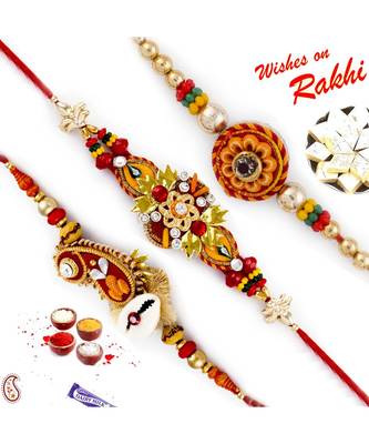 Set Of 3 Floral Shape Beads Embellished Mauli Rakhi 1