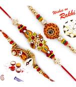 Set Of 3 Floral Shape Beads Embellished Mauli Rakhi
