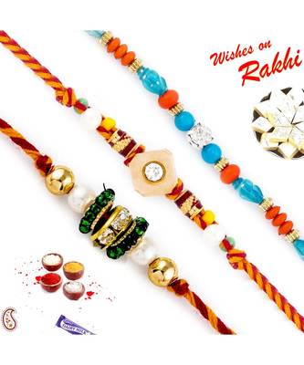 Set Of 3 Multicolour Shade Pretty Beads Rakhi 1