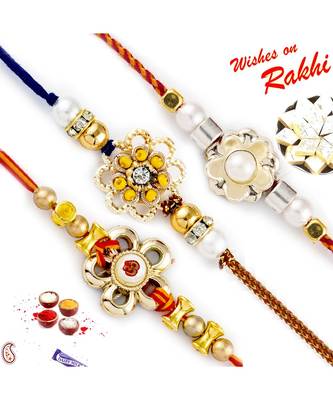 Set Of 3 Beads Embellished Floral Motif Rakhi 1