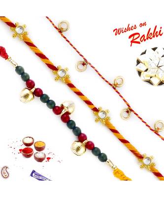 Set Of 3 Red & Green Beads And Kundan Work Mauli Thread Rakhi 1
