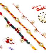 Set Of 3 Red & Green Beads And Kundan Work Mauli Thread Rakhi