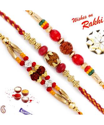 Set Of 3 Red & Golden Beads Rudraksh Rakhi 1