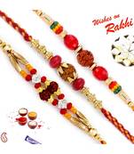 Set Of 3 Red & Golden Beads Rudraksh Rakhi