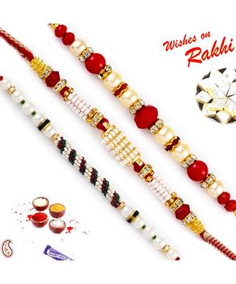 Set Of 3 Red Circular Beads Studded Pearl Rakhi 1