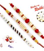 Set Of 3 Red Circular Beads Studded Pearl Rakhi