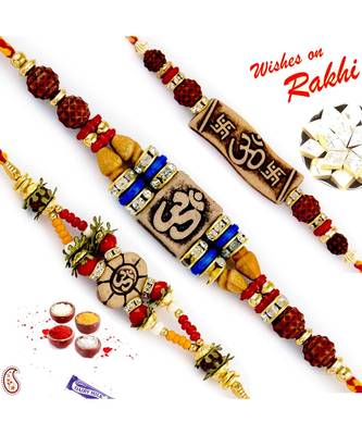 Set Of 3 Rudraksh Studded Divine Motif Rakhi 1