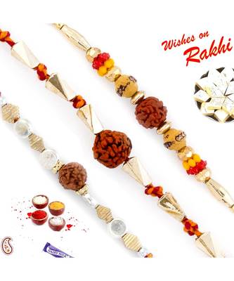 Set Of 3 Golden Twisted Beads Rudraksh Rakhi 1