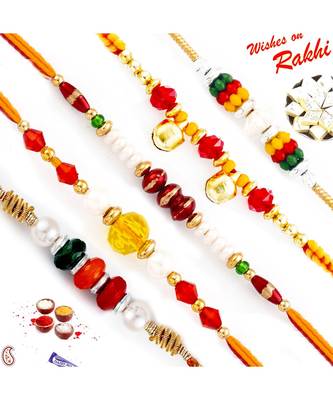 Set Of 5 Colourful Round Beads Studded Thread Rakhi 1