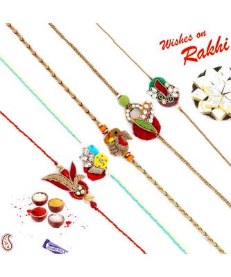 Set Of 5 Leaf Patterned Beautiful Zardosi Rakhi 1