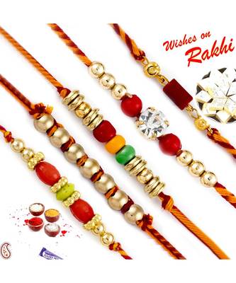 Set Of 5 Golden And Multicolour Beads Mauli Rakhi 1