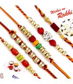 Set Of 5 Golden And Multicolour Beads Mauli Rakhi